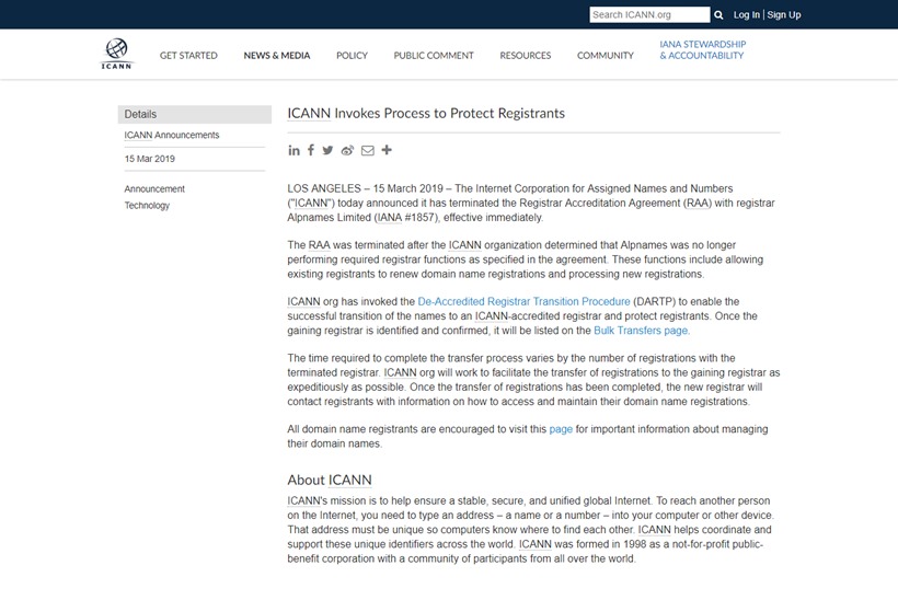 Domain Name Registrar Alpnames Closed by ICANN